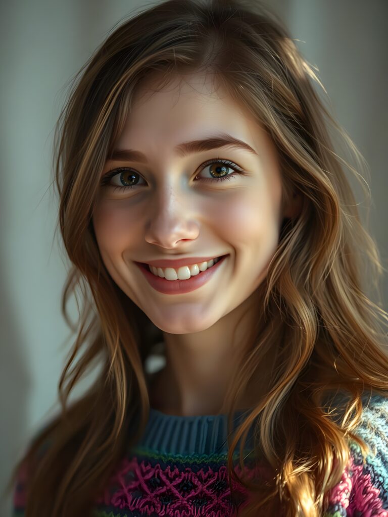 A young, enchanting woman with long, wavy chestnut brown hair cascading over her shoulders, her face oval and flawlessly radiant. Her dark, expressive eyes shimmer with joy, large black pupils reflecting a peaceful serenity. Her lips, a perfect shade of pink, are slightly parted, revealing a smile with bright, white teeth. She wears a vibrant, rainbow-colored sweater with intricate, fine-knit patterns, adding a touch of whimsy and color. The background is a soft, ethereal white, with gentle, luminous rays of light casting a magical glow around her, emphasizing her joyful expression and creating a dreamy, serene atmosphere.