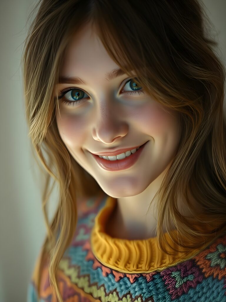 A young, enchanting woman with long, wavy chestnut brown hair cascading over her shoulders, her face oval and flawlessly radiant. Her dark, expressive eyes shimmer with joy, large black pupils reflecting a peaceful serenity. Her lips, a perfect shade of pink, are slightly parted, revealing a smile with bright, white teeth. She wears a vibrant, rainbow-colored sweater with intricate, fine-knit patterns, adding a touch of whimsy and color. The background is a soft, ethereal white, with gentle, luminous rays of light casting a magical glow around her, emphasizing her joyful expression and creating a dreamy, serene atmosphere.