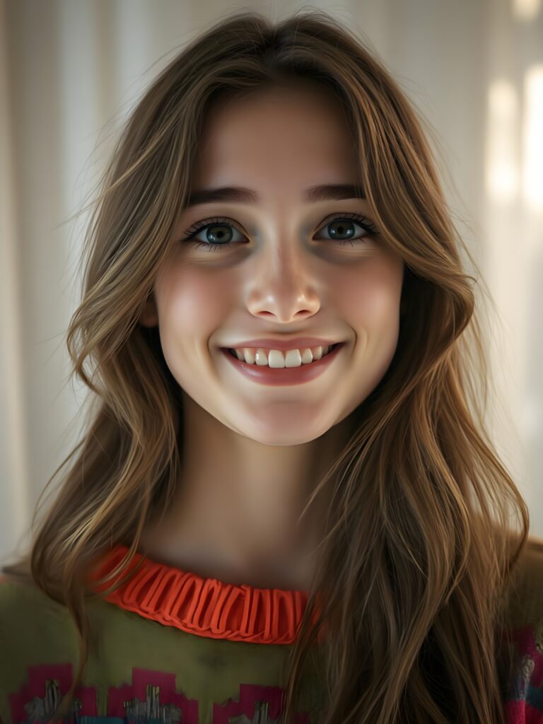 A young, enchanting woman with long, wavy chestnut brown hair cascading over her shoulders, her face oval and flawlessly radiant. Her dark, expressive eyes shimmer with joy, large black pupils reflecting a peaceful serenity. Her lips, a perfect shade of pink, are slightly parted, revealing a smile with bright, white teeth. She wears a vibrant, rainbow-colored sweater with intricate, fine-knit patterns, adding a touch of whimsy and color. The background is a soft, ethereal white, with gentle, luminous rays of light casting a magical glow around her, emphasizing her joyful expression and creating a dreamy, serene atmosphere.