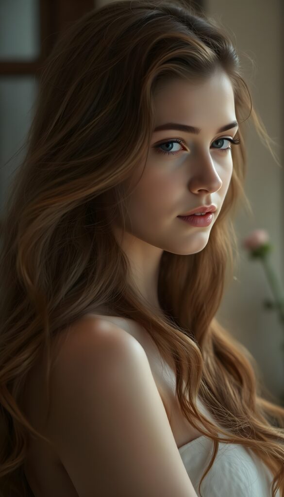 A young, enchanting woman with long, wavy chestnut brown hair cascading over her shoulders, she is dancing an play with her hair