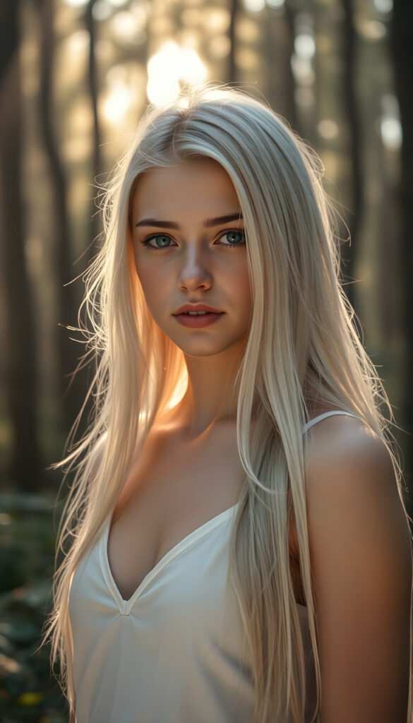 A young, ethereal girl with a serene expression, her long, soft white hair cascading gracefully down her back and over her shoulders. Her full lips are a soft pink, and her blue eyes sparkle with a gentle light. She wears a plain white camisole, deep v-neck, support her beautiful female body. She stands in a mystical forest, surrounded by glowing and ancient trees, bathed in soft, golden sunlight filtering through the canopy. The scene is vibrant and dreamlike, with a magical aura enhancing her beauty and grace.