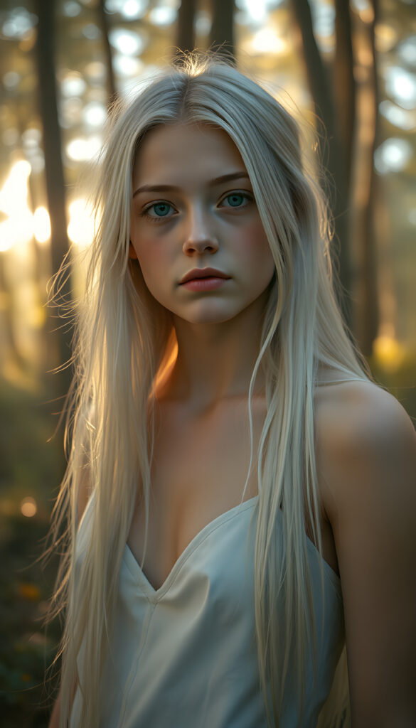 A young, ethereal girl with a serene expression, her long, soft white hair cascading gracefully down her back and over her shoulders. Her full lips are a soft pink, and her blue eyes sparkle with a gentle light. She wears a plain white camisole, deep v-neck, support her beautiful female body. She stands in a mystical forest, surrounded by glowing and ancient trees, bathed in soft, golden sunlight filtering through the canopy. The scene is vibrant and dreamlike, with a magical aura enhancing her beauty and grace.