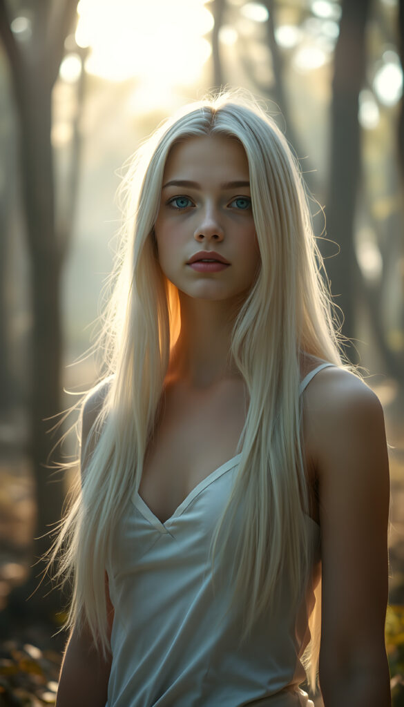 A young, ethereal girl with a serene expression, her long, soft white hair cascading gracefully down her back and over her shoulders. Her full lips are a soft pink, and her blue eyes sparkle with a gentle light. She wears a plain white camisole, deep v-neck, support her beautiful female body. She stands in a mystical forest, surrounded by glowing and ancient trees, bathed in soft, golden sunlight filtering through the canopy. The scene is vibrant and dreamlike, with a magical aura enhancing her beauty and grace.