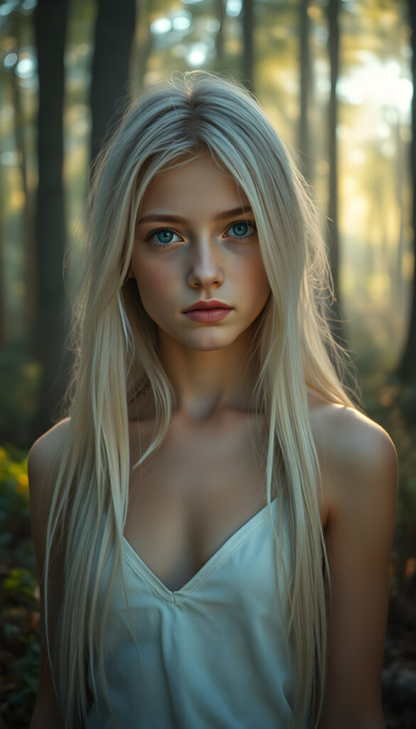 A young, ethereal girl with a serene expression, her long, soft white hair cascading gracefully down her back and over her shoulders. Her full lips are a soft pink, and her blue eyes sparkle with a gentle light. She wears a plain white camisole, deep v-neck, support her beautiful female body. She stands in a mystical forest, surrounded by glowing and ancient trees, bathed in soft, golden sunlight filtering through the canopy. The scene is vibrant and dreamlike, with a magical aura enhancing her beauty and grace.