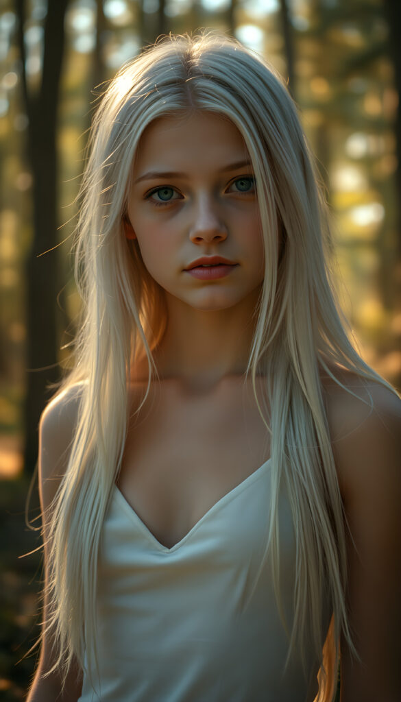 A young, ethereal girl with a serene expression, her long, soft white hair cascading gracefully down her back and over her shoulders. Her full lips are a soft pink, and her blue eyes sparkle with a gentle light. She wears a plain white camisole, deep v-neck, support her beautiful female body. She stands in a mystical forest, surrounded by glowing and ancient trees, bathed in soft, golden sunlight filtering through the canopy. The scene is vibrant and dreamlike, with a magical aura enhancing her beauty and grace.