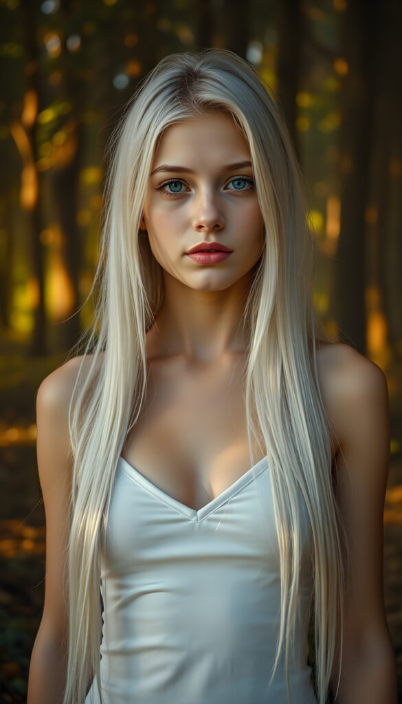 A young, ethereal girl with a serene expression, her long, soft white hair cascading gracefully down her back and over her shoulders. Her full lips are a soft pink, and her blue eyes sparkle with a gentle light. She wears a plain white camisole, deep v-neck, support her beautiful female body. She stands in a mystical forest, surrounded by glowing and ancient trees, bathed in soft, golden sunlight filtering through the canopy. The scene is vibrant and dreamlike, with a magical aura enhancing her beauty and grace.