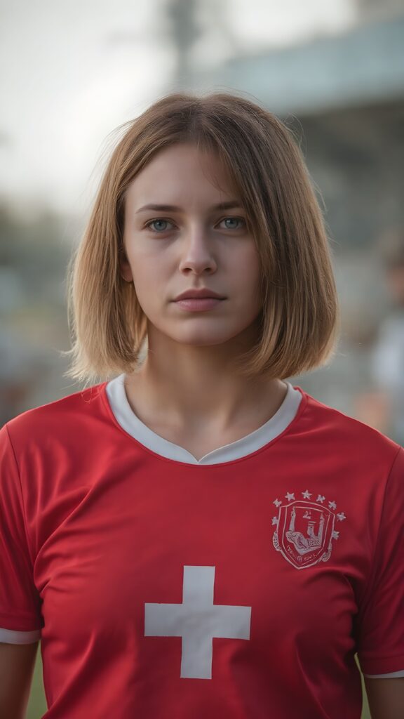 A young female soccer player in a red jersey with a white plus sign. Athletic body