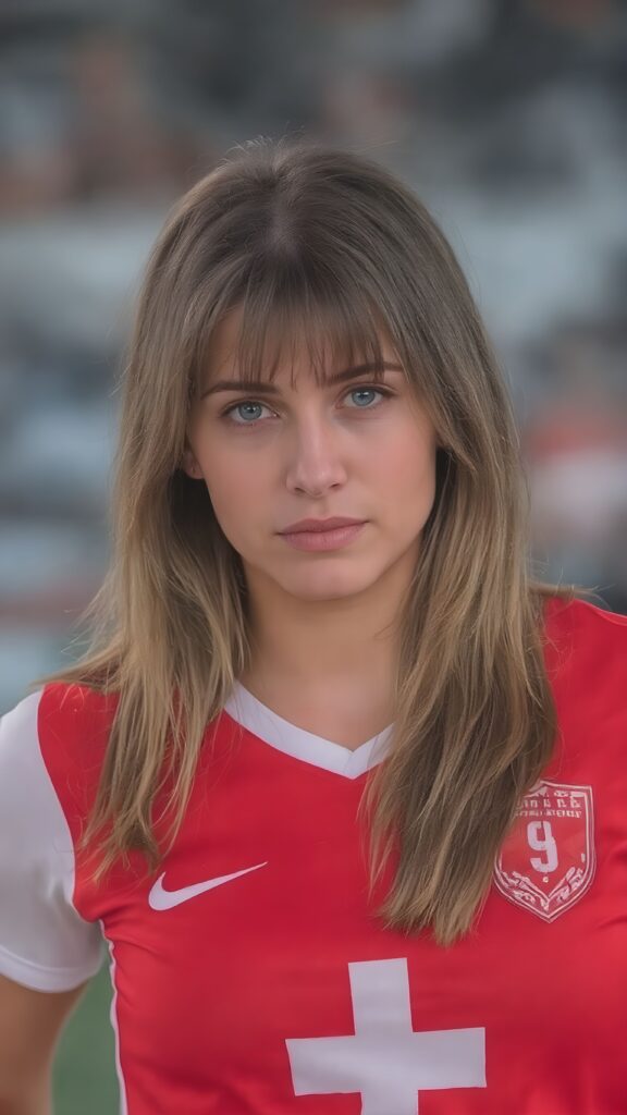 A young female soccer player in a red jersey with a white plus sign. Athletic body
