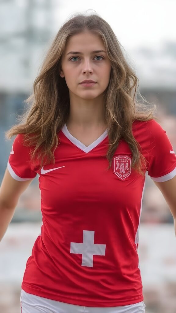 A young female soccer player in a red jersey with a white plus sign. Athletic body