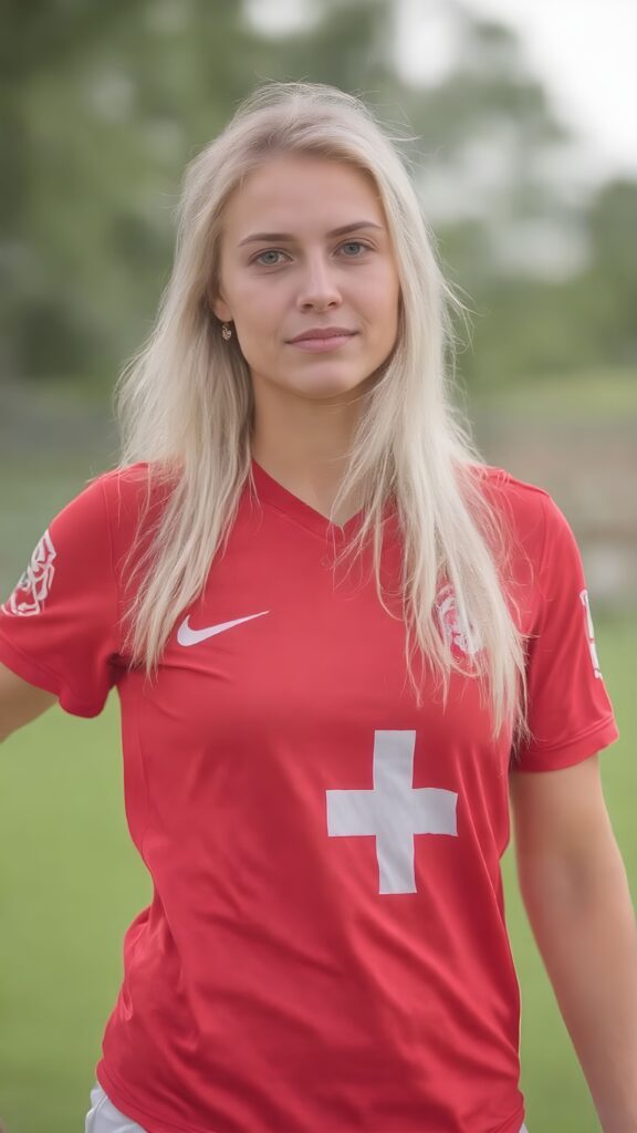 A young female soccer player in a red jersey with a white plus sign. Athletic body