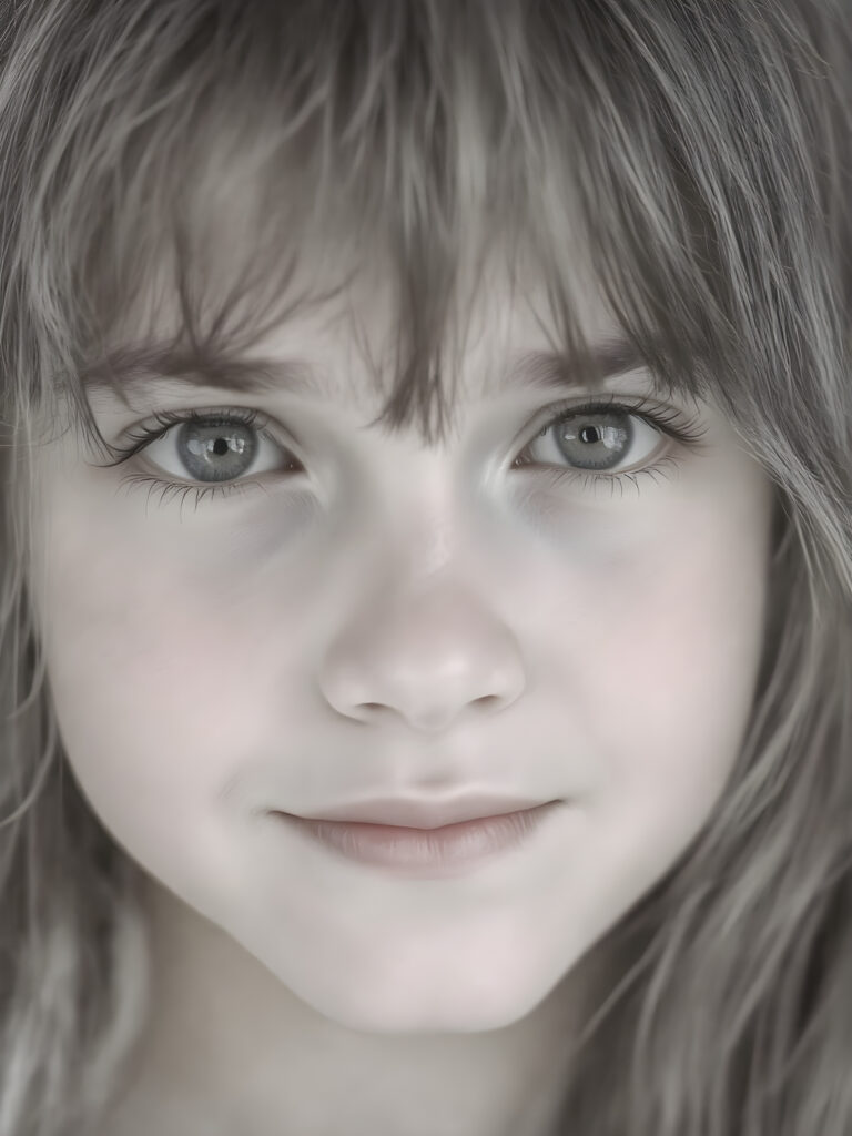A young girl ((black and white face portrait with a delicate yet defined jawline, reminiscent of an 8K Ultra HD photograph captured with a high-resolution camera)), showcasing a (flawlessly pale complexion) and (hyper-realistic, detailed eyes that convey a sense of innocence and wonder). The face exudes a (soft, natural glow) that gives off a (subtle, ethereal beauty). The (((hair, gently tousled by the breeze))) cascades down her back in (soft, straight) that mimic the (detailed textures of the surroundings) ((full view)) with a ((perfect, balanced smile)) that captures her natural beauty