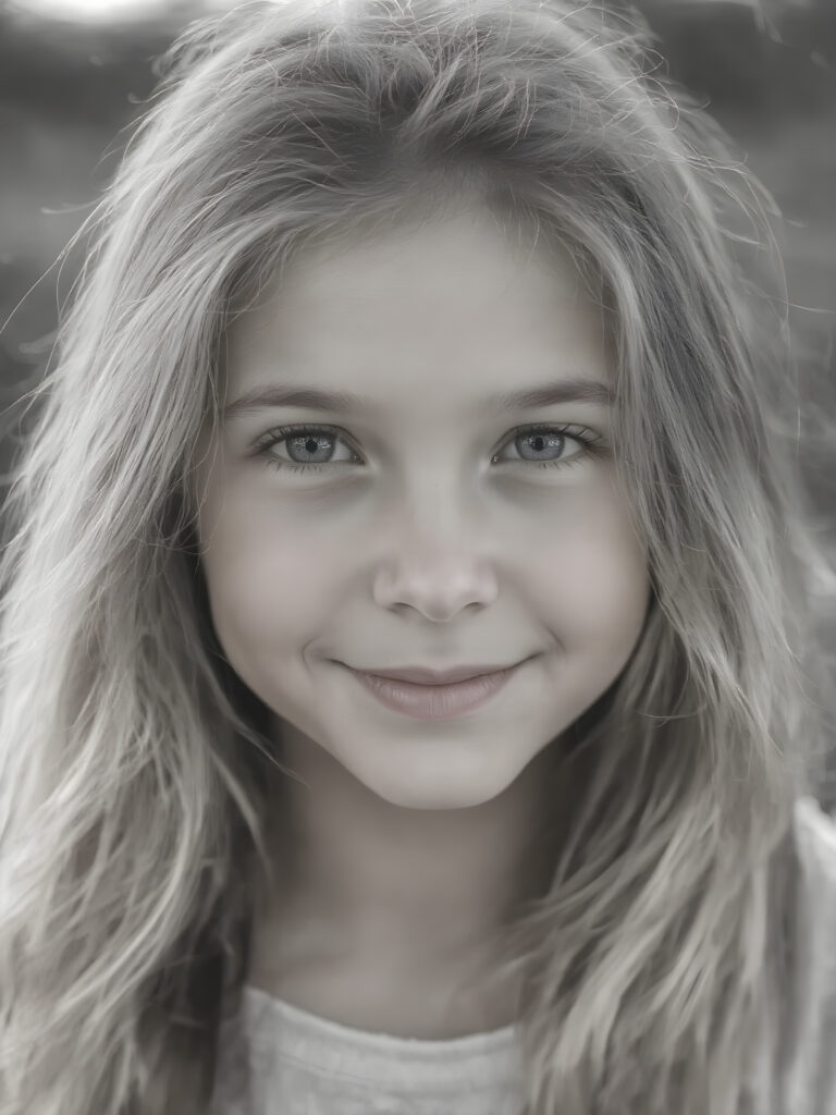 A young girl ((black and white face portrait with a delicate yet defined jawline, reminiscent of an 8K Ultra HD photograph captured with a high-resolution camera)), showcasing a (flawlessly pale complexion) and (hyper-realistic, detailed eyes that convey a sense of innocence and wonder). The face exudes a (soft, natural glow) that gives off a (subtle, ethereal beauty). The (((hair, gently tousled by the breeze))) cascades down her back in (soft, straight) that mimic the (detailed textures of the surroundings) ((full view)) with a ((perfect, balanced smile)) that captures her natural beauty