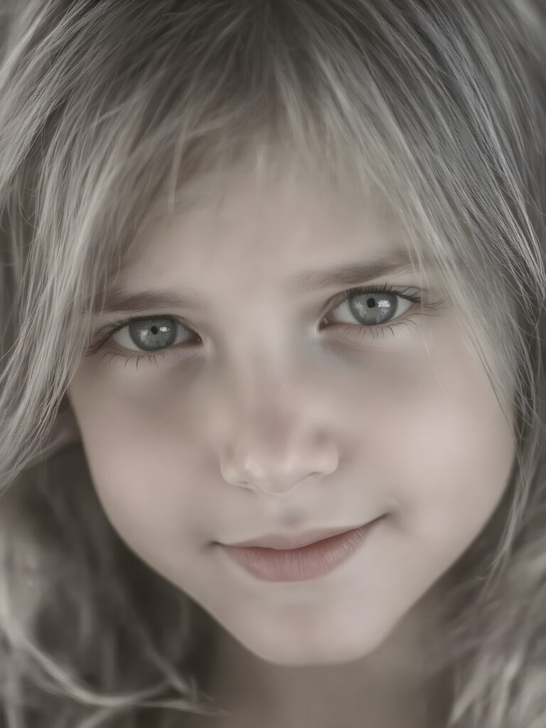 A young girl ((black and white face portrait with a delicate yet defined jawline, reminiscent of an 8K Ultra HD photograph captured with a high-resolution camera)), showcasing a (flawlessly pale complexion) and (hyper-realistic, detailed eyes that convey a sense of innocence and wonder). The face exudes a (soft, natural glow) that gives off a (subtle, ethereal beauty). The (((hair, gently tousled by the breeze))) cascades down her back in (soft, straight) that mimic the (detailed textures of the surroundings) ((full view)) with a ((perfect, balanced smile)) that captures her natural beauty