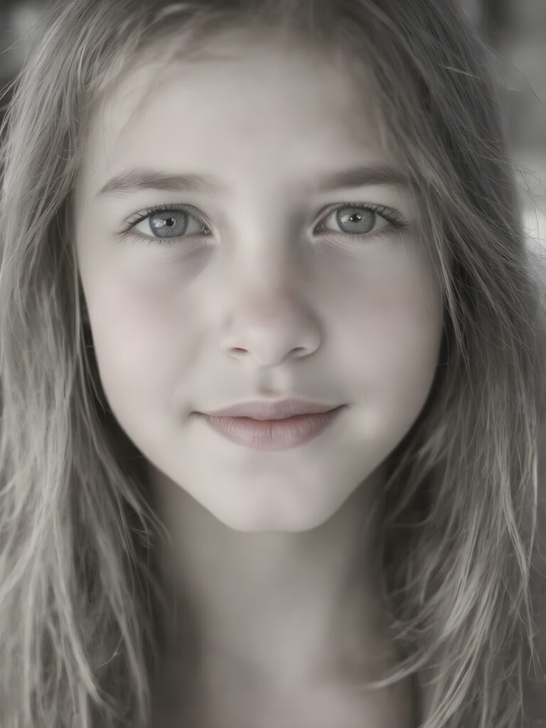A young girl ((black and white face portrait with a delicate yet defined jawline, reminiscent of an 8K Ultra HD photograph captured with a high-resolution camera)), showcasing a (flawlessly pale complexion) and (hyper-realistic, detailed eyes that convey a sense of innocence and wonder). The face exudes a (soft, natural glow) that gives off a (subtle, ethereal beauty). The (((hair, gently tousled by the breeze))) cascades down her back in (soft, straight) that mimic the (detailed textures of the surroundings) ((full view)) with a ((perfect, balanced smile)) that captures her natural beauty