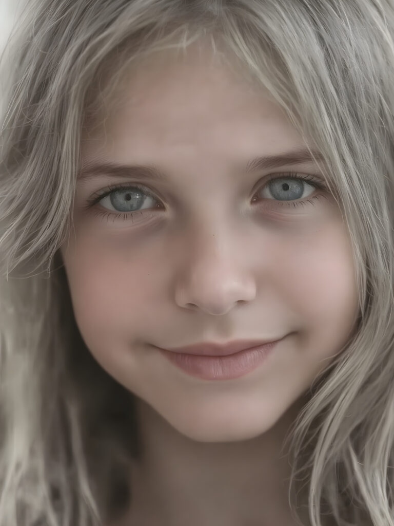 A young girl ((black and white face portrait with a delicate yet defined jawline, reminiscent of an 8K Ultra HD photograph captured with a high-resolution camera)), showcasing a (flawlessly pale complexion) and (hyper-realistic, detailed eyes that convey a sense of innocence and wonder). The face exudes a (soft, natural glow) that gives off a (subtle, ethereal beauty). The (((hair, gently tousled by the breeze))) cascades down her back in (soft, straight) that mimic the (detailed textures of the surroundings) ((full view)) with a ((perfect, balanced smile)) that captures her natural beauty