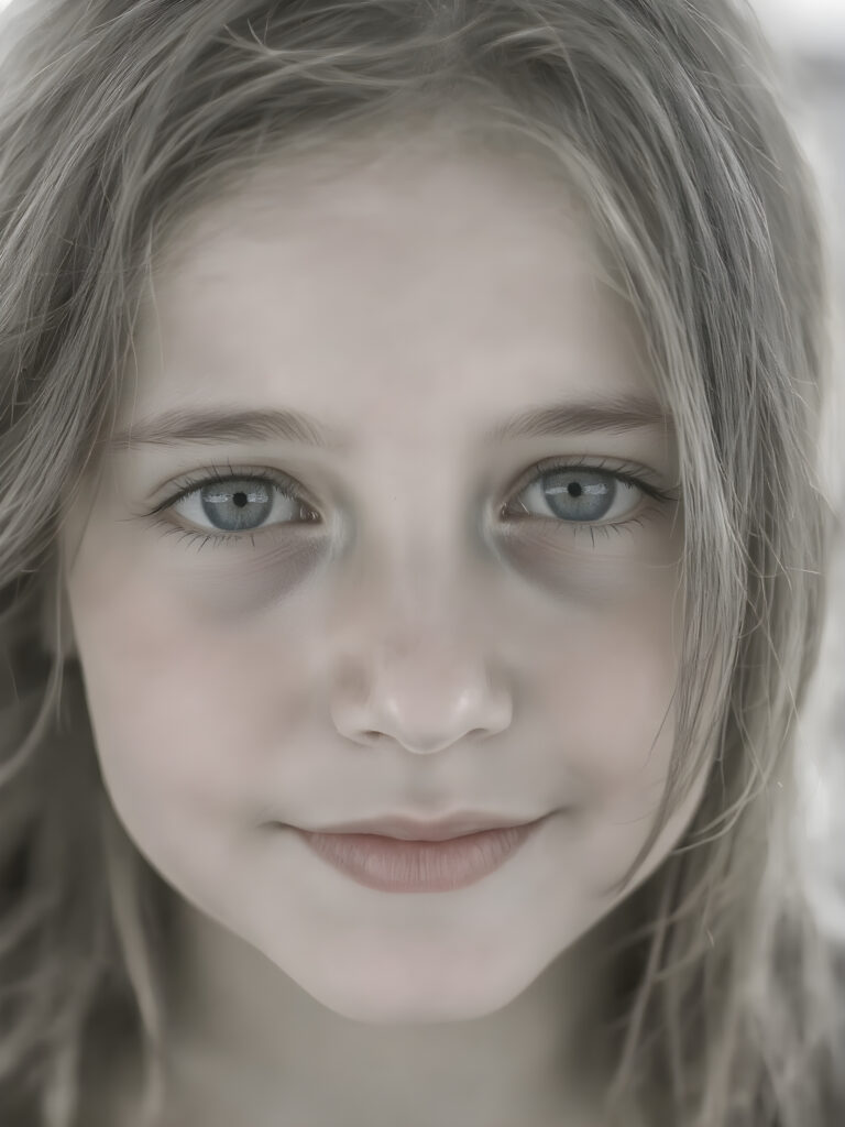 A young girl ((black and white face portrait with a delicate yet defined jawline, reminiscent of an 8K Ultra HD photograph captured with a high-resolution camera)), showcasing a (flawlessly pale complexion) and (hyper-realistic, detailed eyes that convey a sense of innocence and wonder). The face exudes a (soft, natural glow) that gives off a (subtle, ethereal beauty). The (((hair, gently tousled by the breeze))) cascades down her back in (soft, straight) that mimic the (detailed textures of the surroundings) ((full view)) with a ((perfect, balanced smile)) that captures her natural beauty