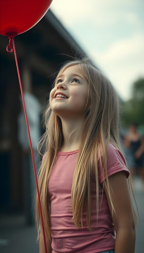A young girl holds with one hand a red balloon, her long, straight blonde hair falling elegantly over her body. She is happy and content. She wears a pink tight t-shirt. She looks up at the sky and searches for something.
