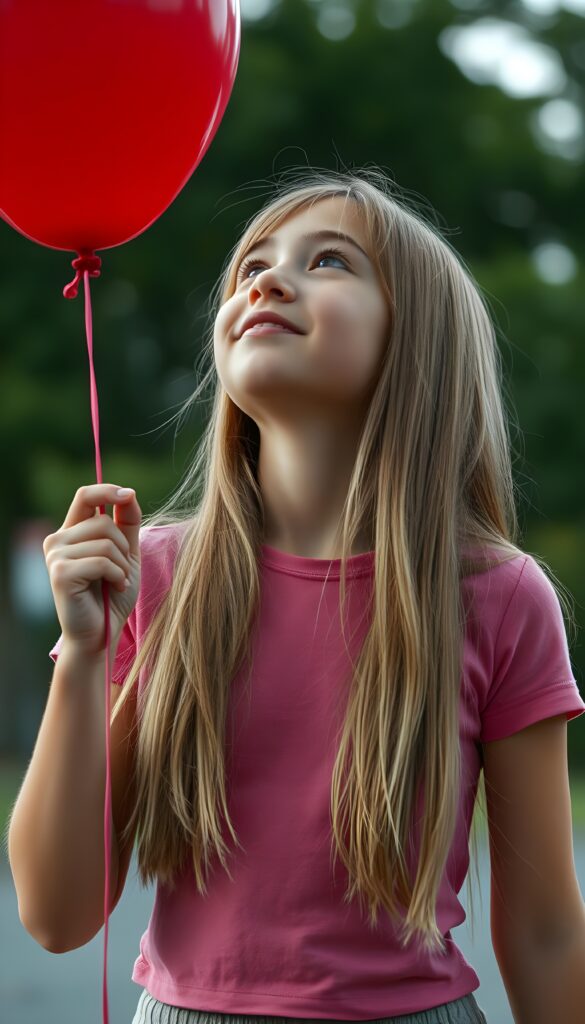 A young girl holds with one hand a red balloon, her long, straight blonde hair falling elegantly over her body. She is happy and content. She wears a pink tight t-shirt. She looks up at the sky and searches for something.