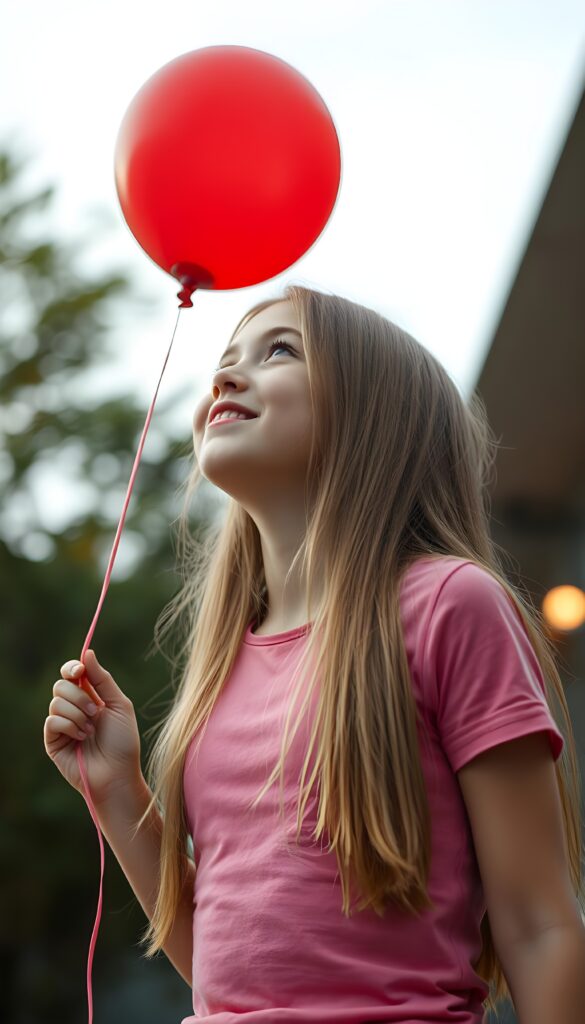 A young girl holds with one hand a red balloon, her long, straight blonde hair falling elegantly over her body. She is happy and content. She wears a pink tight t-shirt. She looks up at the sky and searches for something.