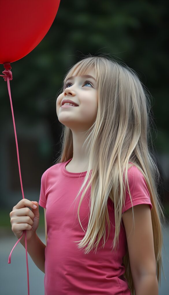 A young girl holds with one hand a red balloon, her long, straight blonde hair falling elegantly over her body. She is happy and content. She wears a pink tight t-shirt. She looks up at the sky and searches for something.