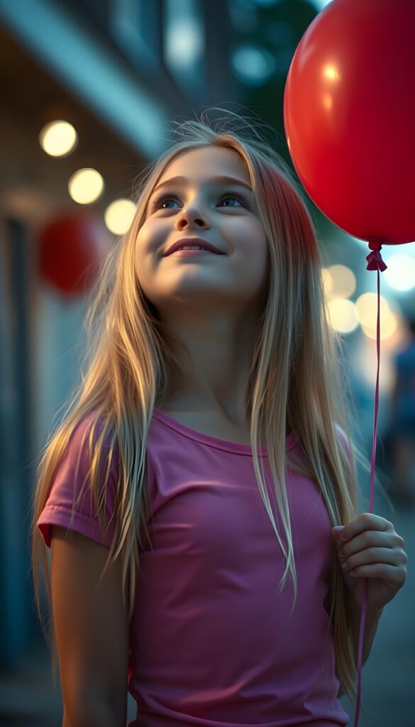 A young girl holds with one hand a red balloon, her long, straight blonde hair falling elegantly over her body. She is happy and content. She wears a pink tight t-shirt. She looks up at the sky and searches for something.