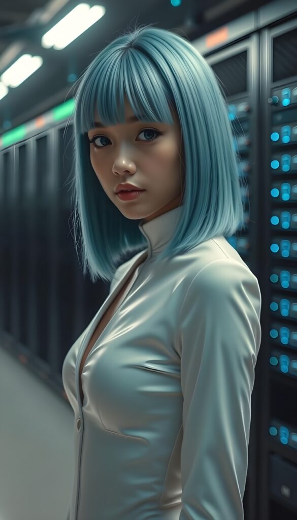 A young girl in a white, skin-tight, closed suit. The suit emphasizes her perfect feminine body. She has straight, silky neon blue hair that reaches to her shoulders, bangs and bob cut. In the background are many servers, lights.