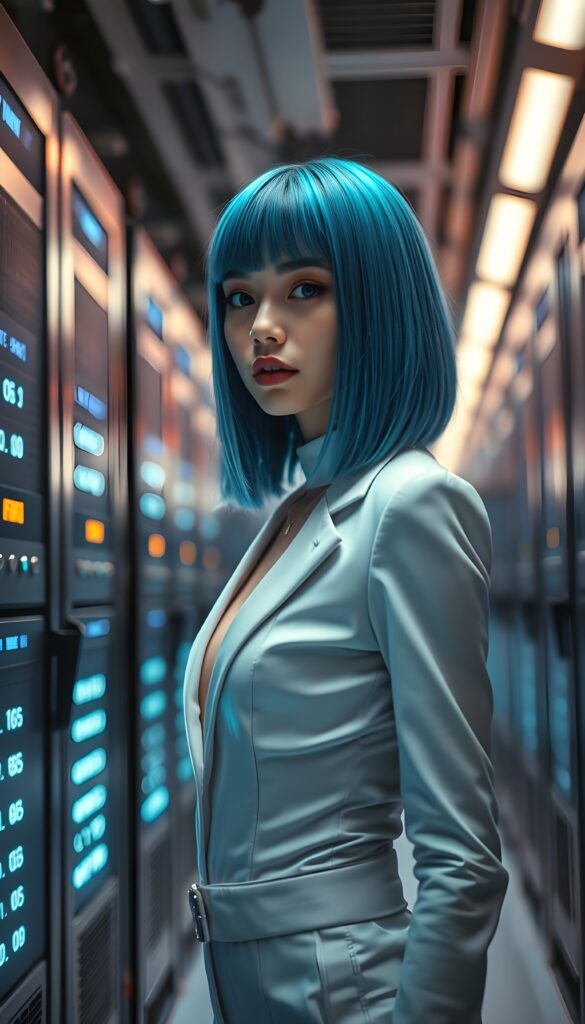 A young girl in a white, skin-tight, closed suit. The suit emphasizes her perfect feminine body. She has straight, silky neon blue hair that reaches to her shoulders, bangs and bob cut. In the background are many servers, lights.