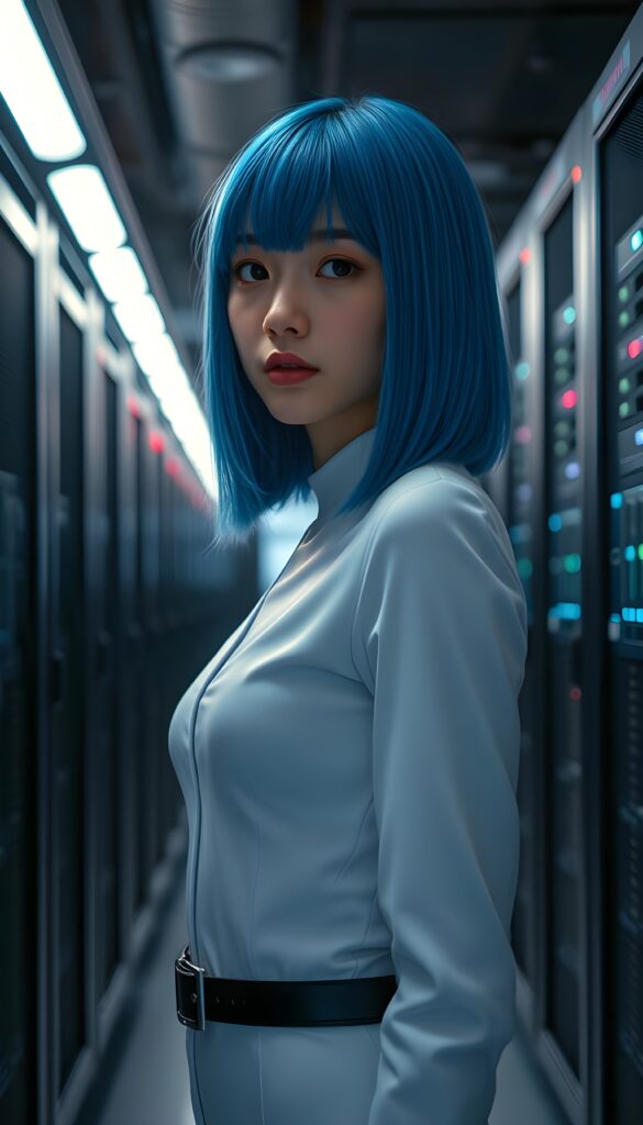 A young girl in a white, skin-tight, closed suit. The suit emphasizes her perfect feminine body. She has straight, silky neon blue hair that reaches to her shoulders, bangs and bob cut. In the background are many servers, lights.