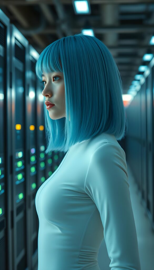 A young girl in a white, skin-tight, closed suit. The suit emphasizes her perfect feminine body. She has straight, silky neon blue hair that reaches to her shoulders, bangs and bob cut. In the background are many servers, lights.