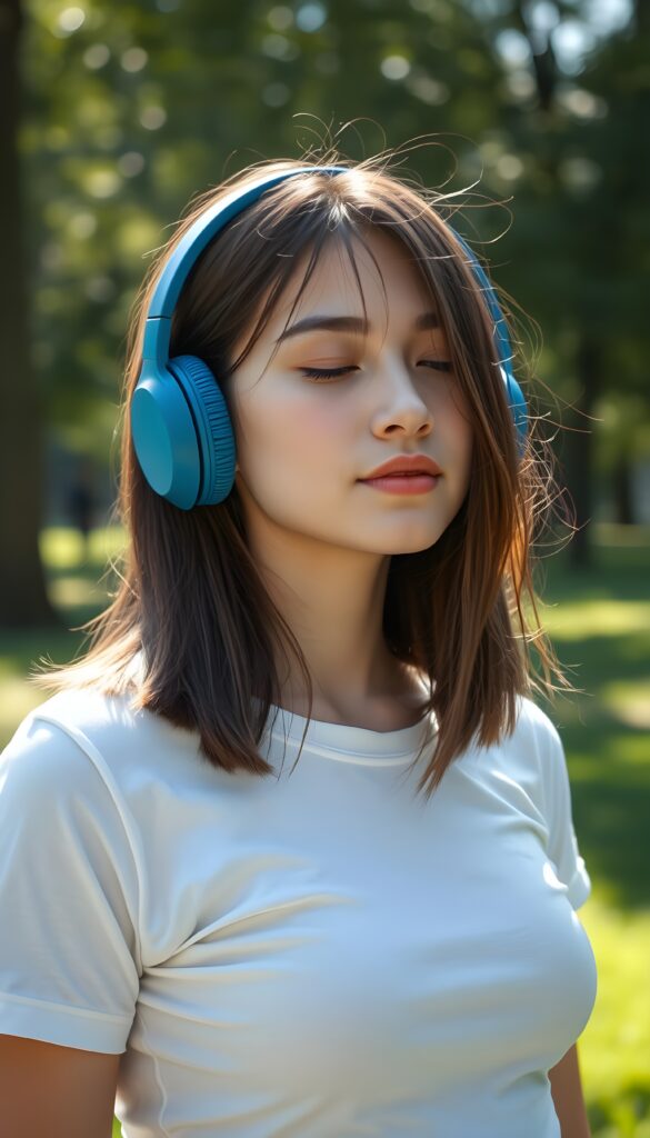 A young girl is standing in a green park. She is wearing a tight white T-shirt. She has large blue headphones on and is listening to music with her eyes slightly closed. The sun is shining on her flawless face. The image appears peaceful. Soft, straight hair falls down her back in exact the same length, blow out bob cut.