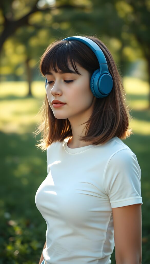 A young girl is standing in a green park. She is wearing a tight white T-shirt. She has large blue headphones on and is listening to music with her eyes slightly closed. The sun is shining on her flawless face. The image appears peaceful. Soft, straight hair falls down her back in exact the same length, blow out bob cut.