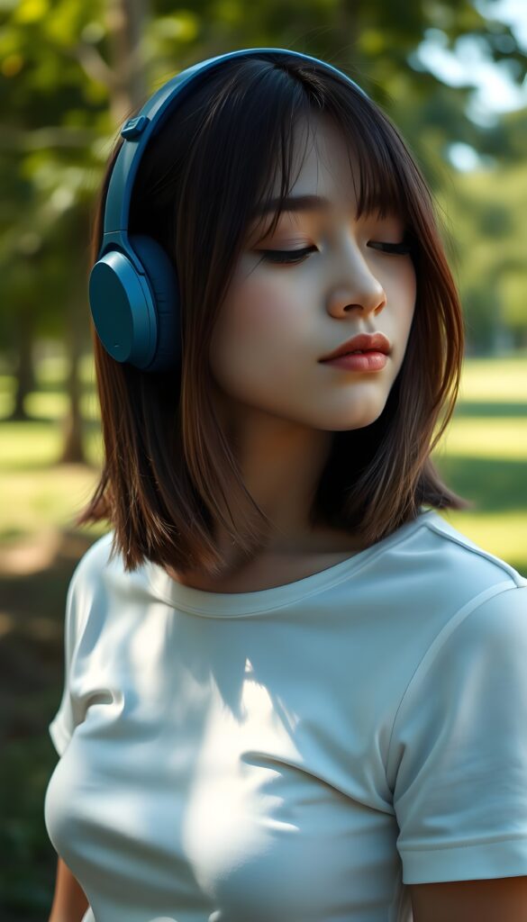 A young girl is standing in a green park. She is wearing a tight white T-shirt. She has large blue headphones on and is listening to music with her eyes slightly closed. The sun is shining on her flawless face. The image appears peaceful. Soft, straight hair falls down her back in exact the same length, blow out bob cut.