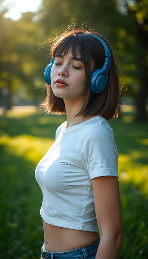 A young girl is standing in a green park. She is wearing a tight white T-shirt. She has large blue headphones on and is listening to music with her eyes slightly closed. The sun is shining on her flawless face. The image appears peaceful. Soft, straight hair falls down her back in exact the same length, blow out bob cut.