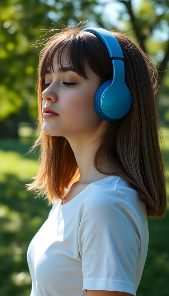 A young girl is standing in a green park. She is wearing a tight white T-shirt. She has large blue headphones on and is listening to music with her eyes slightly closed. The sun is shining on her flawless face. The image appears peaceful. Soft, straight hair falls down her back in exact the same length, blow out bob cut.