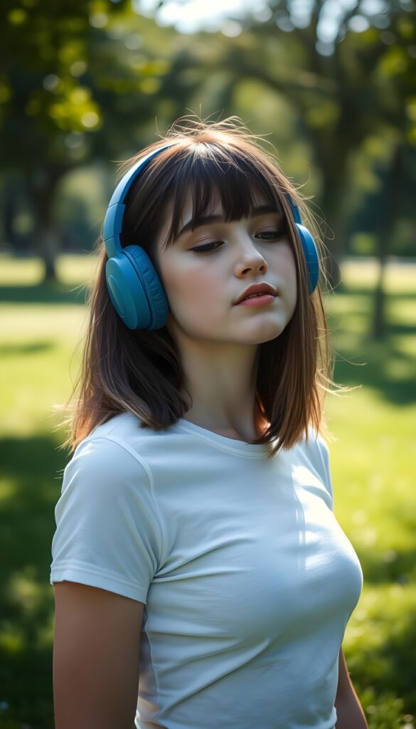 A young girl is standing in a green park. She is wearing a tight white T-shirt. She has large blue headphones on and is listening to music with her eyes slightly closed. The sun is shining on her flawless face. The image appears peaceful. Soft, straight hair falls down her back in exact the same length, blow out bob cut.