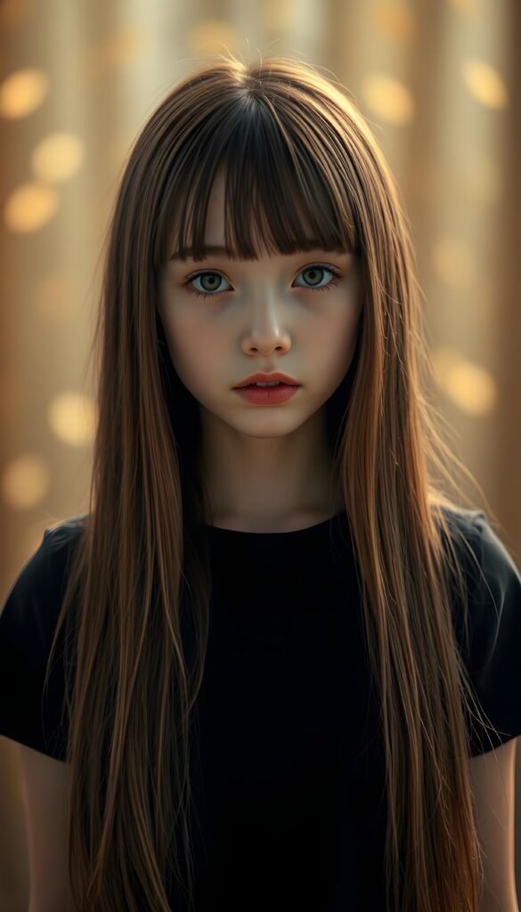 A young girl, like a doll, with a round face, very long straight light brown hair, bangs cut frame her face, deep blue eyes, and red lips, she is beautiful. She is wearing a t-shirt made of black fabric. The girl stands in front of the viewer. The backdrop is bathed in a warm, golden light. The dress flows with subtle magical patterns.
