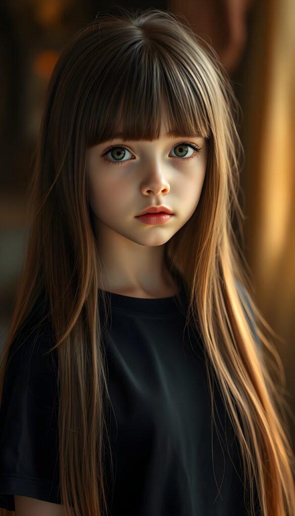 A young girl, like a doll, with a round face, very long straight light brown hair, bangs cut frame her face, deep blue eyes, and red lips, she is beautiful. She is wearing a t-shirt made of black fabric. The girl stands in front of the viewer. The backdrop is bathed in a warm, golden light. The dress flows with subtle magical patterns.