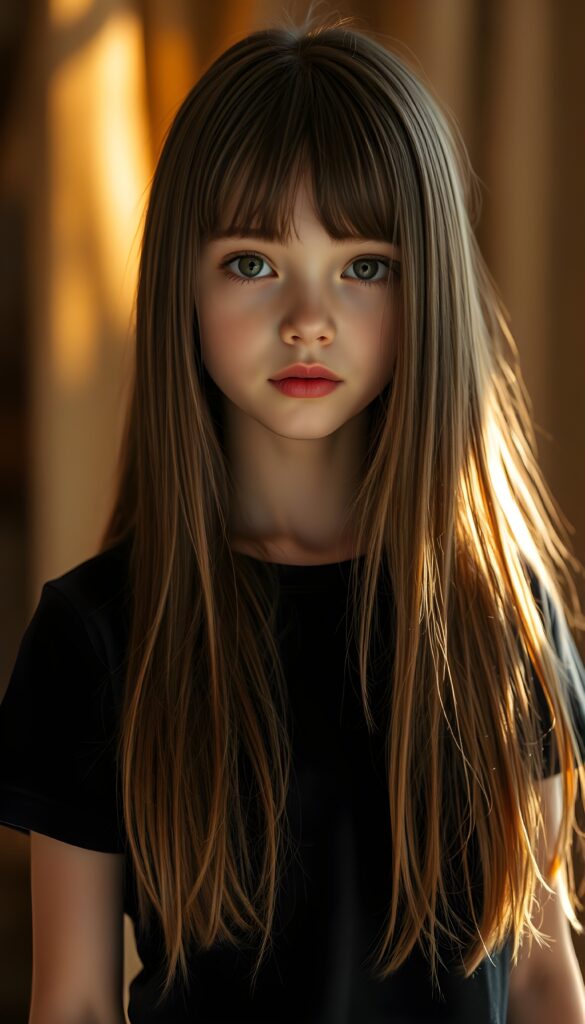 A young girl, like a doll, with a round face, very long straight light brown hair, bangs cut frame her face, deep blue eyes, and red lips, she is beautiful. She is wearing a t-shirt made of black fabric. The girl stands in front of the viewer. The backdrop is bathed in a warm, golden light. The dress flows with subtle magical patterns.