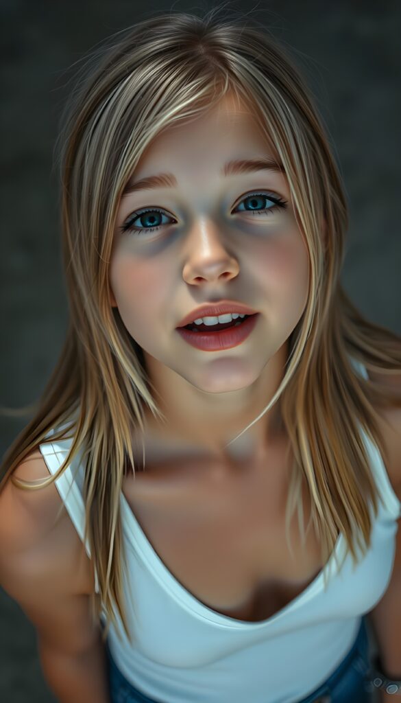 A realistic detailed young teen girl in a lying position on the wooden floor, she sticks out her tongue and looks at the camera. She is wearing a tight white tank top with a low and deep v-neckline. Straight, shiny light soft open blonde hair with brown highlight falls down, wide open mouth with white teeth, blue eyes. Her two hands and five fingers on the floor. View from the front