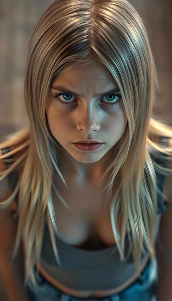 A young girl looks up at the camera, annoyed and very angry. She is wearing a tight top with a low neckline. Straight, shiny light blonde hair falls over her shoulders. View from above. Sharp focus.