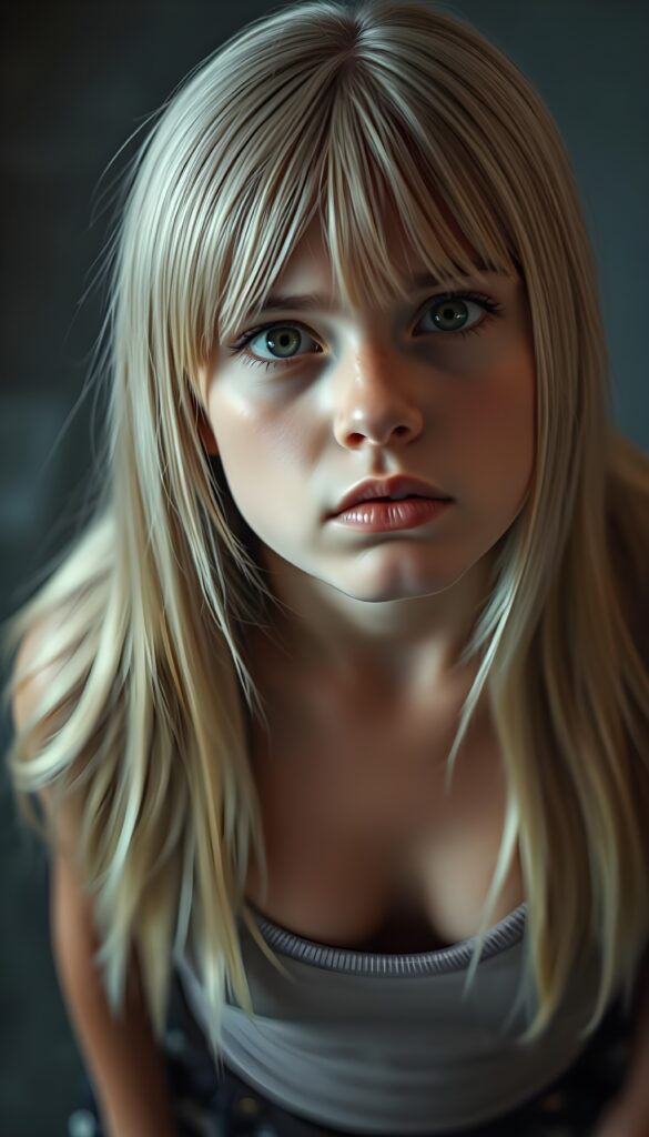 A young girl looks up at the camera, annoyed and very angry. She is wearing a tight top with a low neckline. Straight, shiny light blonde hair falls over her shoulders. View from above. Sharp focus.