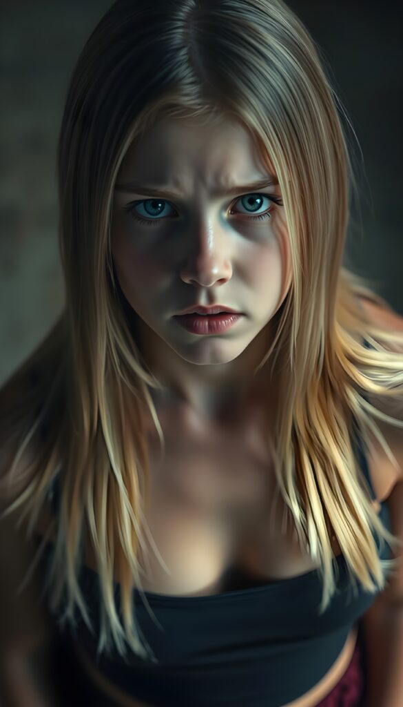A young girl looks up at the camera, annoyed and very angry. She is wearing a tight top with a low neckline. Straight, shiny light blonde hair falls over her shoulders. View from above. Sharp focus.