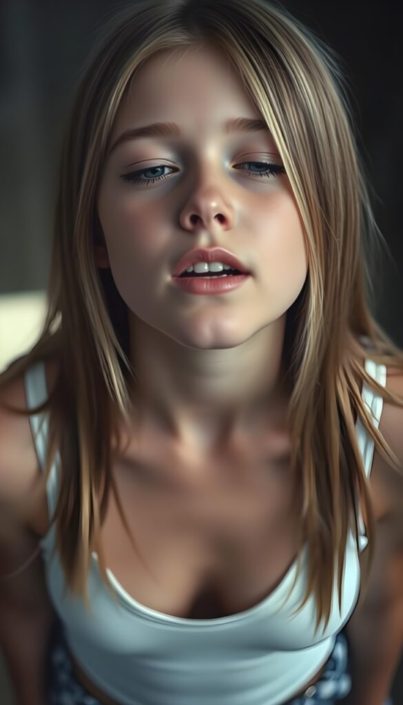 A realistic detailed young teen girl in a lying position on the wooden floor, she sticks out her tongue and looks at the camera. She is wearing a tight white tank top with a low and deep v-neckline. Straight, shiny light soft open blonde hair with brown highlight falls down, wide open mouth with white teeth, blue eyes. Her two hands and five fingers on the floor. View from the front