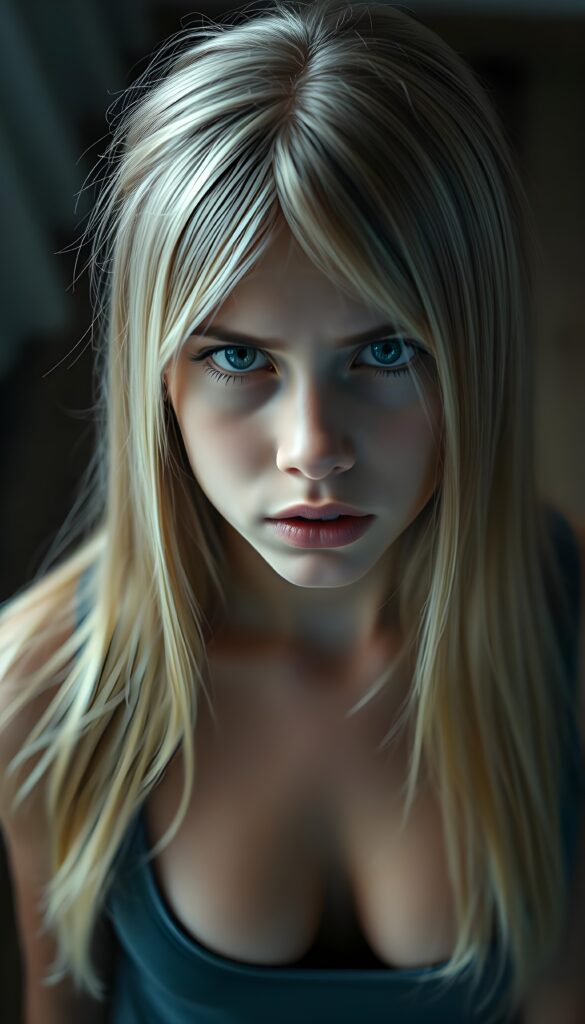 A young girl looks up at the camera, annoyed and very angry. She is wearing a tight top with a low neckline. Straight, shiny light blonde hair falls over her shoulders. View from above. Sharp focus.