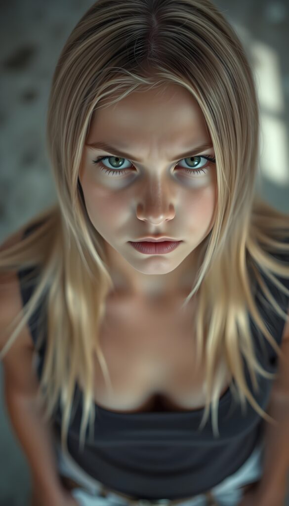 A young girl looks up at the camera, annoyed and very angry. She is wearing a tight top with a low neckline. Straight, shiny light blonde hair falls over her shoulders. View from above. Sharp focus.