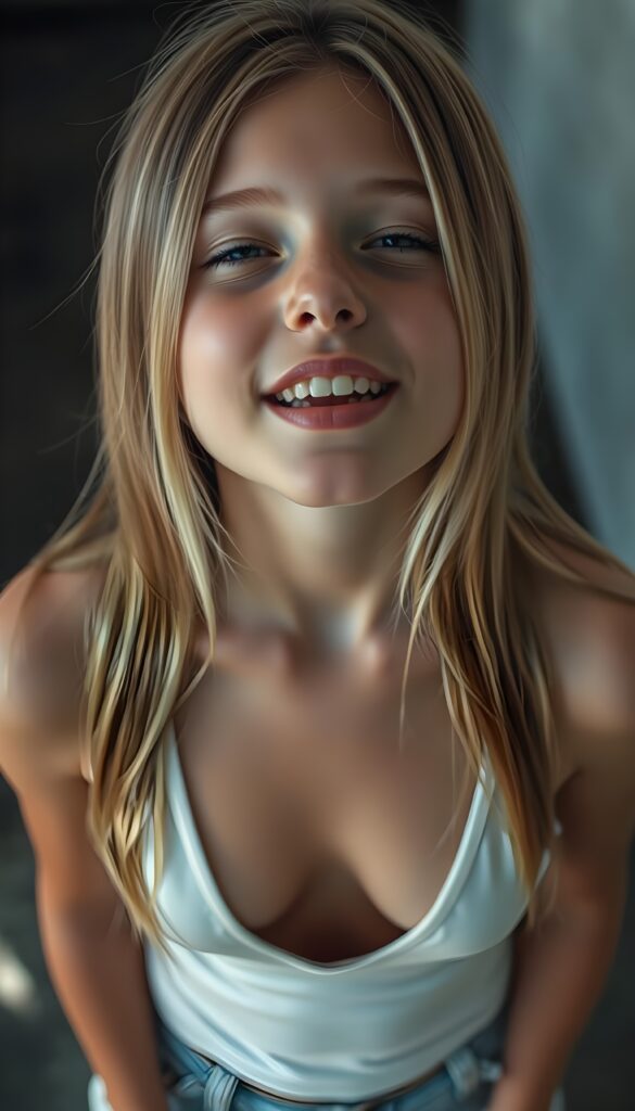 A realistic detailed young teen girl in a lying position on the wooden floor, she sticks out her tongue and looks at the camera. She is wearing a tight white tank top with a low and deep v-neckline. Straight, shiny light soft open blonde hair with brown highlight falls down, wide open mouth with white teeth, blue eyes. Her two hands and five fingers on the floor. View from the front