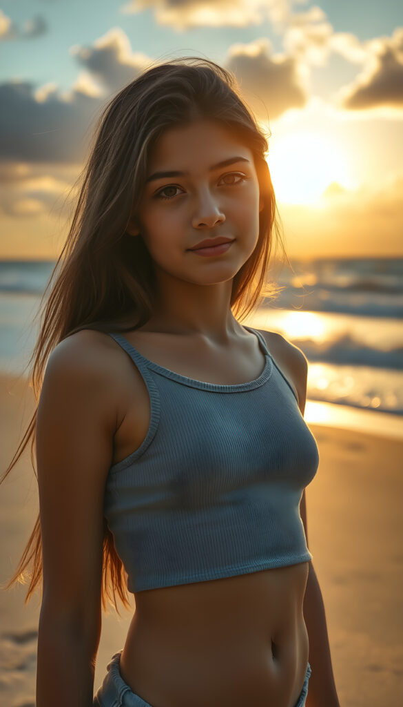 A young girl poses on a beautiful golden beach, the sun is setting and shining through the clouds, perfect light, waves breaking in the sea. She is wearing a thin, light grey tank top that accentuates her perfect, shapely body. She has long, silky hair that falls elegantly over her upper body.