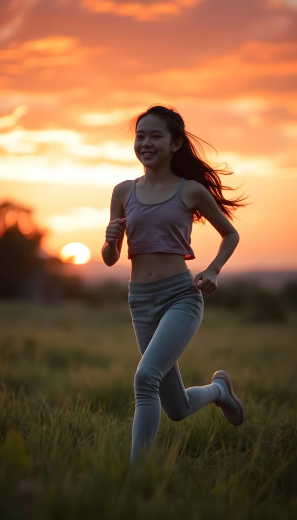 A young girl runs across a meadow. Cropped tank top and short leggins pants. She is happy. Green meadow, sunset, red and orange clouds. Peaceful.