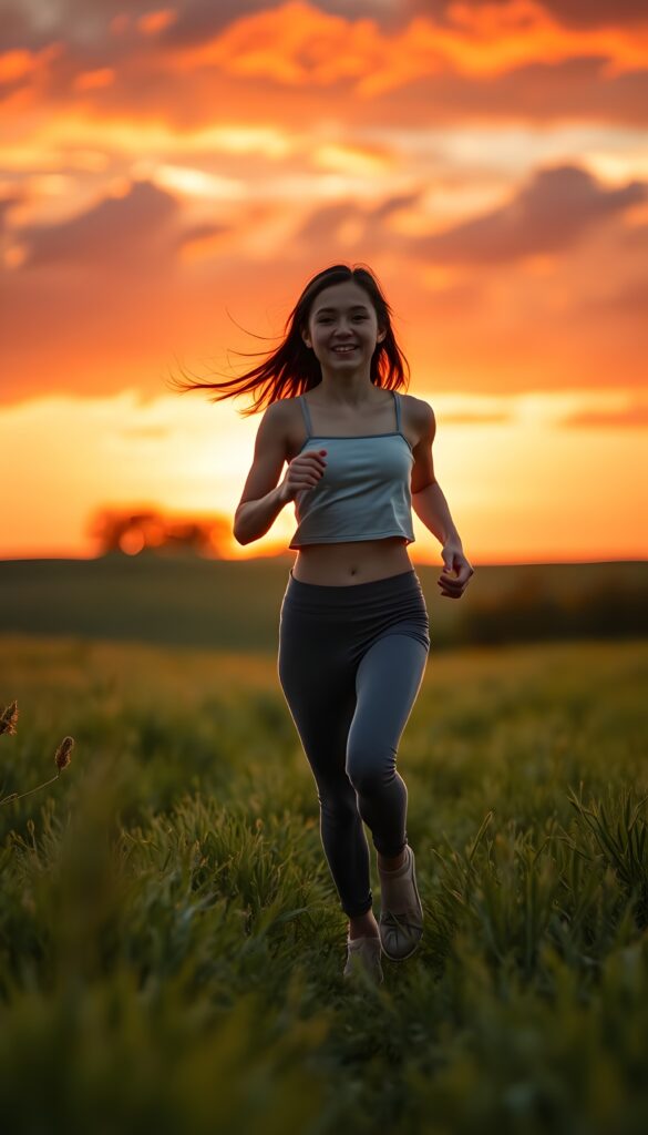 A young girl runs across a meadow. Cropped tank top and short leggins pants. She is happy. Green meadow, sunset, red and orange clouds. Peaceful.