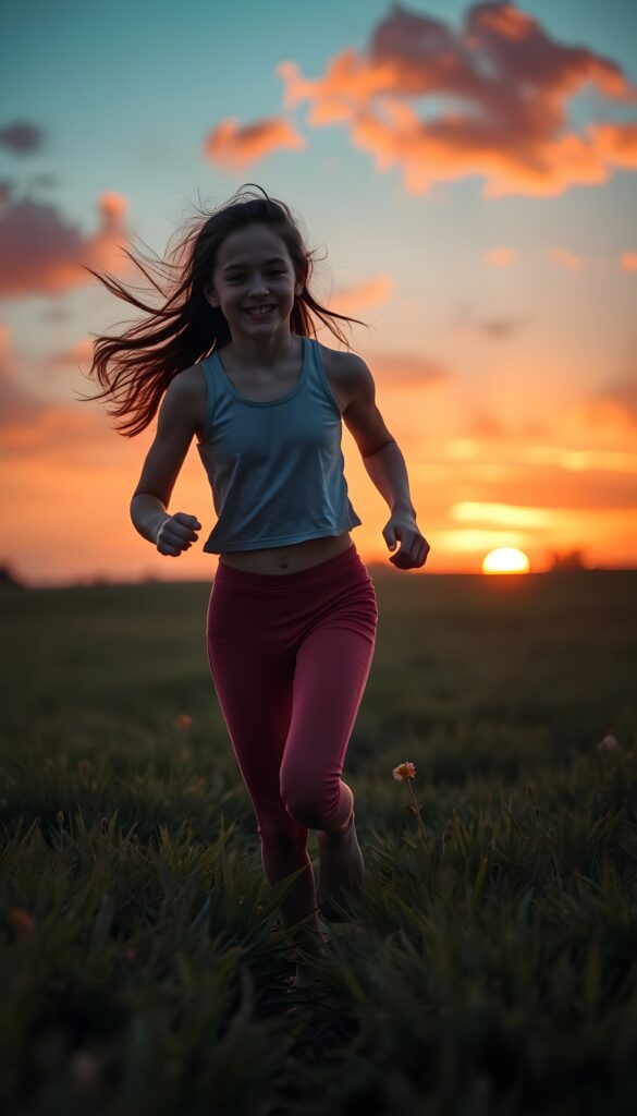 A young girl runs across a meadow. Cropped tank top and short leggins pants. She is happy. Green meadow, sunset, red and orange clouds. Peaceful.